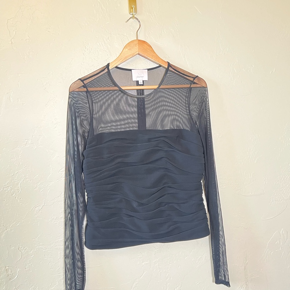 Cinq à Sept Black Sheer Mesh Ruched Long Sleeve Top Size L